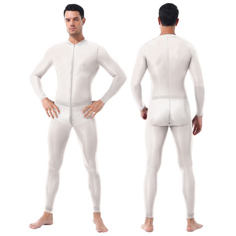Mens Lingerie Long Sleeves Double Zipper Sheer Smooth Open Crotch Leotard Bodysuit Jumpsuit Y