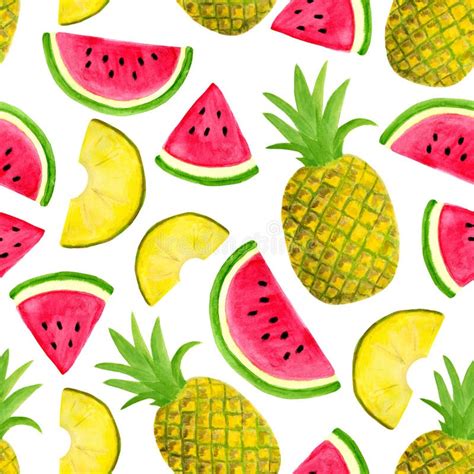 Seamless Watercolor Pattern With Watermelon And Pineapple Isolated On