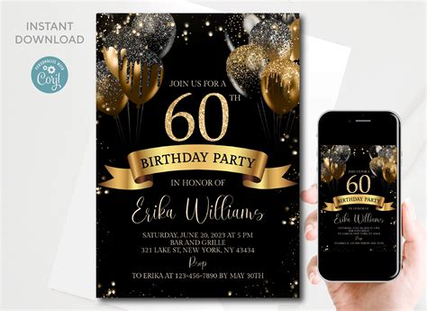 Editable 60th Birthday Invitation Digital Template Sixty Etsy