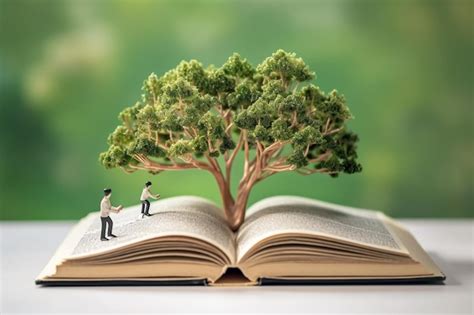 Gente en miniatura hombre y mujer leyendo libro con árbol en libro