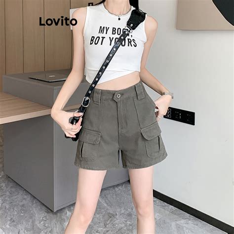 Lovito Shorts Casuais De Bolso Liso Para Mulheres Lne Ex Rcito