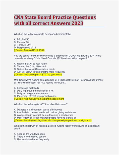 CNA State Board Practice Questions With All Correct Answers 2023