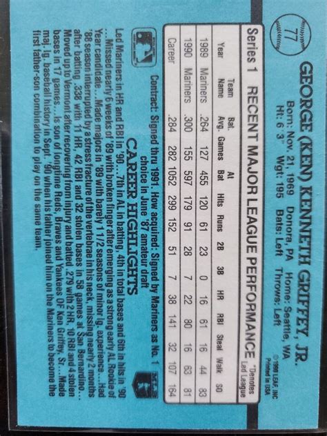 1991 Donruss Ken Griffey Jr Error Card No After Inc 77 EBay