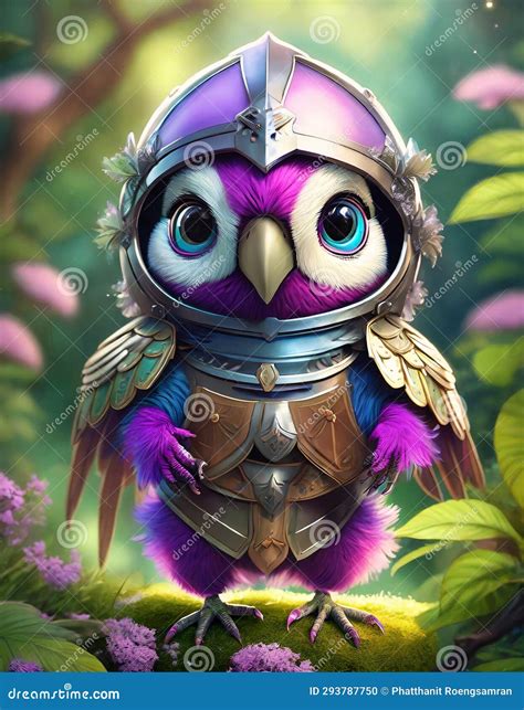 Bright Purple Baby Parrot Adorable Big Eyes In Knight Armor And