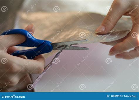 Woman Hands Cutting Paper Material With Scissors Stock Photo Image Of