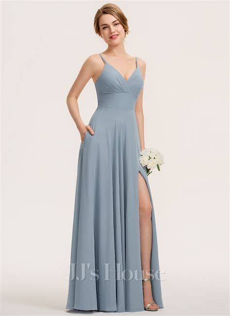 A Line V Neck Floor Length Chiffon Bridesmaid Dress With Ruffle Pockets