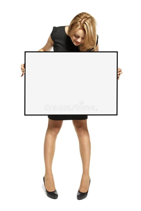 Attractive Woman Holding Up a Poster - Isolated Stock Photo - Image of ...