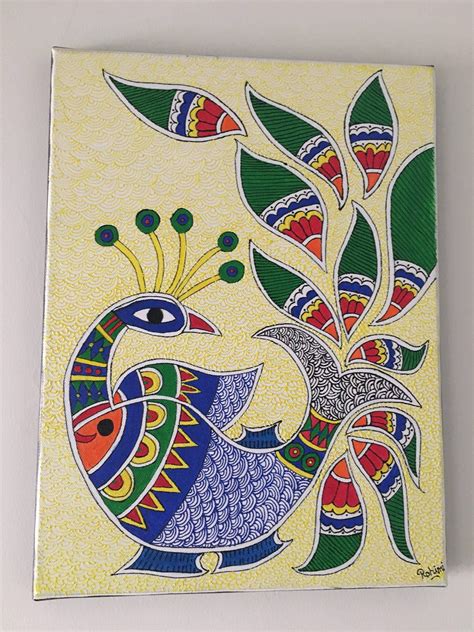 Madhubani Pair Of Peacocks Mithila Indian Folk Art Original Painting