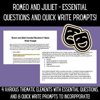 Romeo And Juliet Essential Questions And Quick Write Prompts Tpt