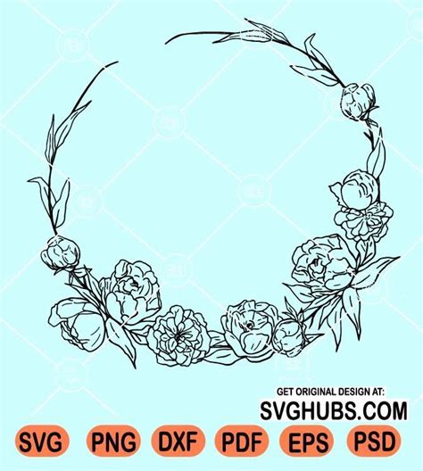 Peony Circle Wreath Svg Peony Wreath Svg Flower Border Svg Peony Flower