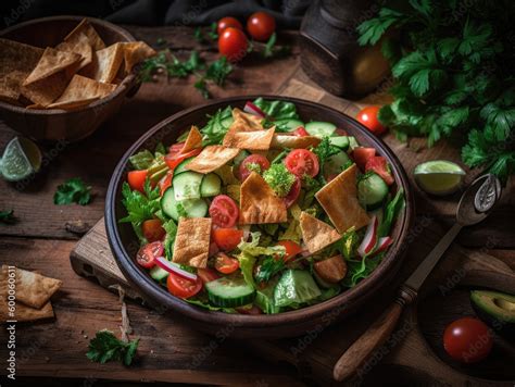 Traditional Arabic Fattoush Salad On A Plate On The Table Horizontal