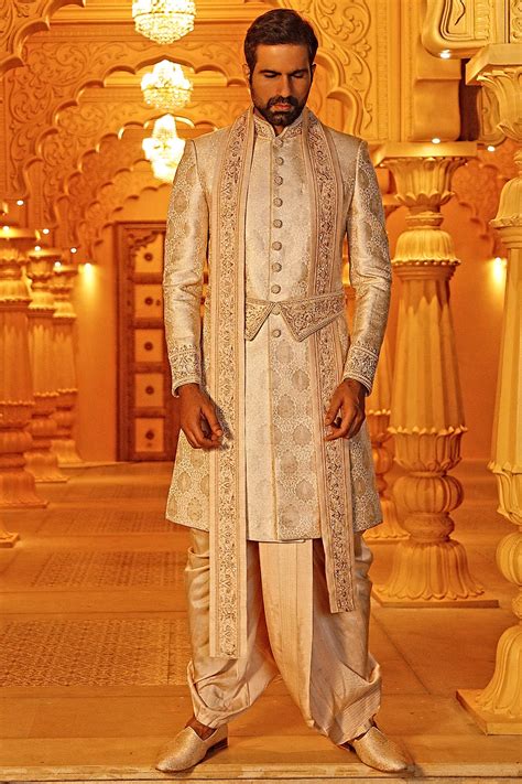 Beige Embroidered Sherwani Set