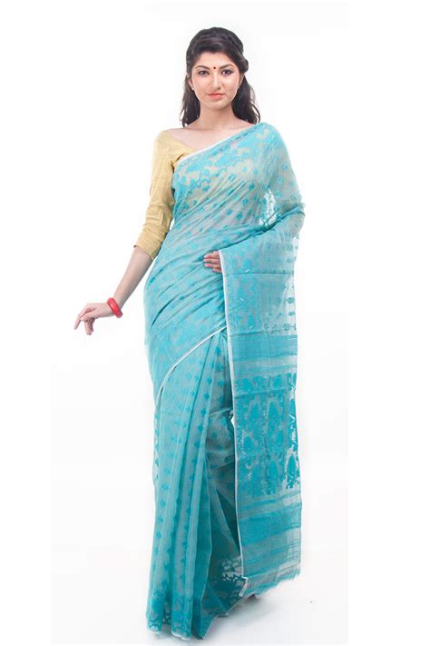 Exclusive Light Blue Dhakai Jamdani Muslin Saree From Bangladesh