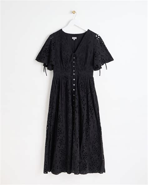 Black V Neck Tie Sleeve Broderie Midi Dress Oliver Bonas