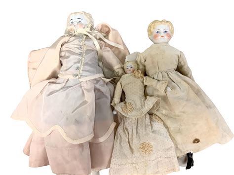 Lot 3 Antique China Head Dolls With Cloth Bodies