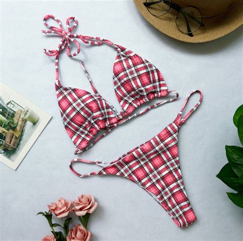 Multicolored Print Style Tiled Plaid Swimsuit Pearly Leopard Print Bikini On Luulla