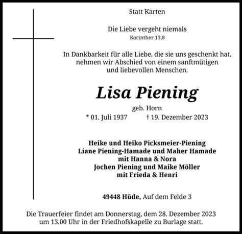 Traueranzeigen Von Lisa Piening Trauer Kreiszeitung De