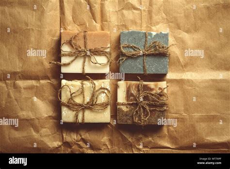 Organic Handmade Soap On Packing Paper Close Up Stock Photo Alamy