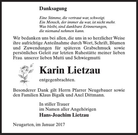 Traueranzeigen Von Karin Lietzau Trauer Anzeigen De