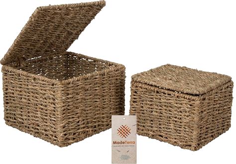 MadeTerra Set Of 2 Nesting Wicker Cube Storage Boxes With Lids And