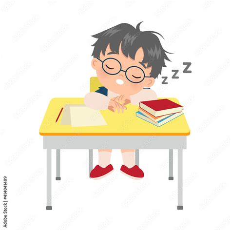 Cute Boy Sleeping In His Study Desk Lazy Kid Concept Flat Vector