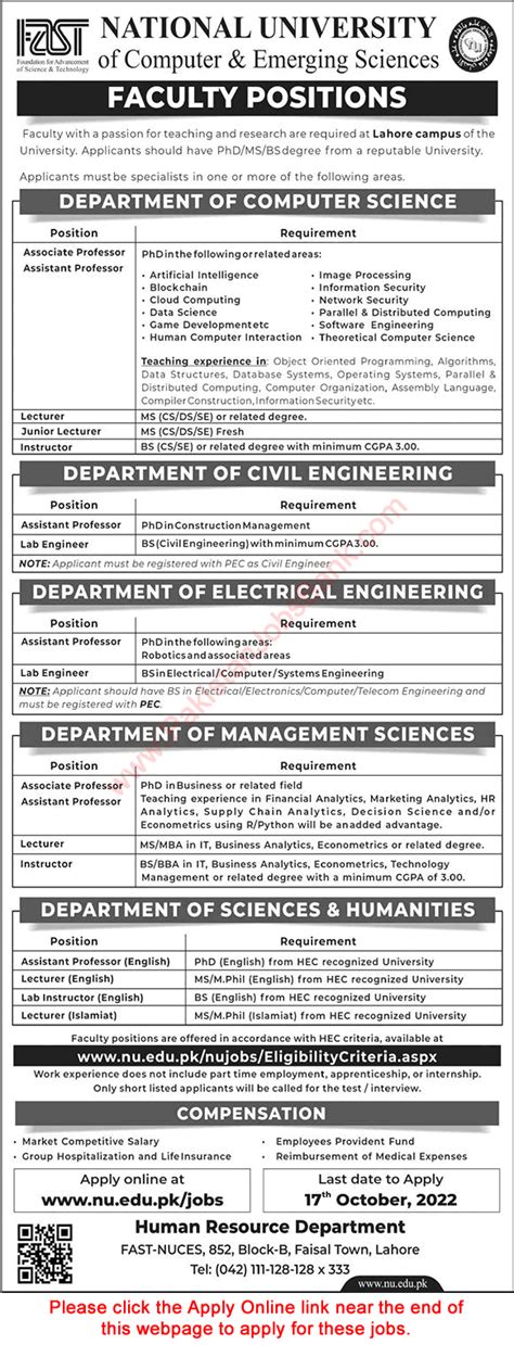 Fast National University Lahore Jobs October Apply Online Teaching