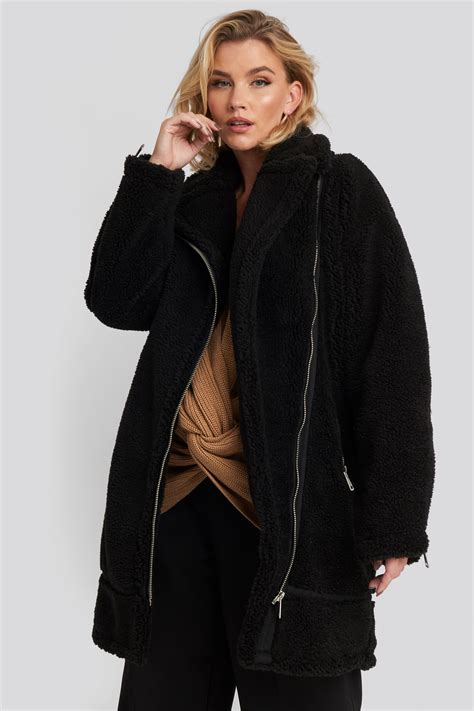 Biker Long Teddy Coat Black Na
