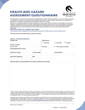 Fillable Online Newcastle Edu Health And Hazard Assessment