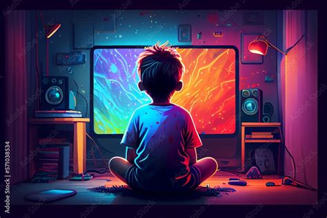 Kid Playing Video Games In His Room Back View Of A Child Sitting In