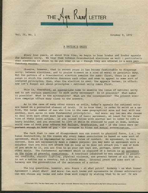 A Nation S Unity The AYN RAND LETTER Volume II 1 10 9 1972