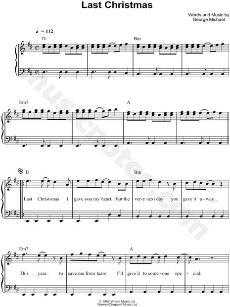 Wham Last Christmas Sheet Music Easy Piano In D Major