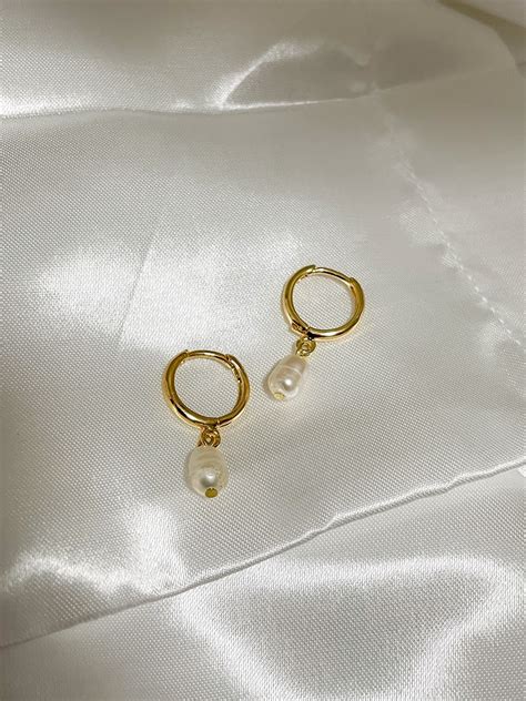 Pearl Gold Huggies Freshwater Pearl Dainty Gold Hoops Cute Etsy Uk