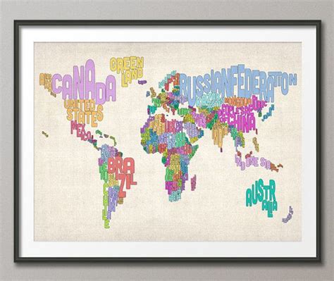 Typographic Text Map Of The World Map Art Print 607 Etsy Map Art