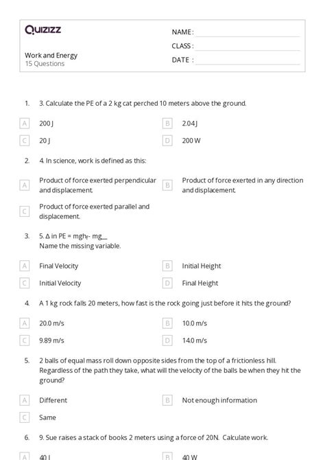 Work And Energy Worksheets For Th Class On Quizizz Free