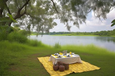 Relaxing Picnic With View Of Tranquil Lake Surrounded By Greenery And