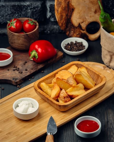 Pommes De Terre Frites Avec Mayonnaise Et Ketchup Photo Gratuite