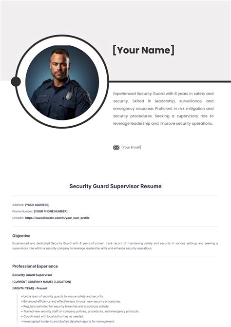 Free Security Guard Supervisor Resume Template To Edit Online