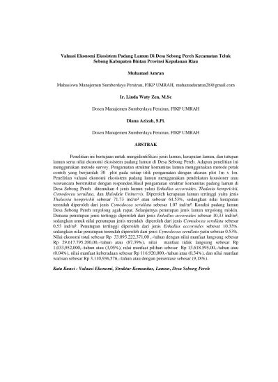 Valuasi Ekonomi Ekosistem Padang Lamun Di Desa Sebong Pereh Kecamatan