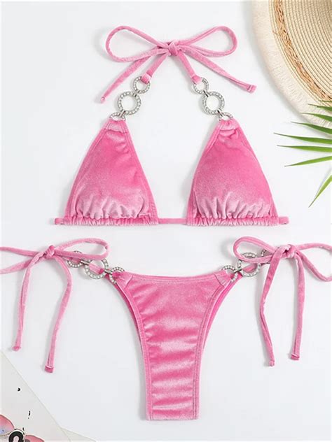 Conjunto De Bikini Triangular Para Mujer Ba Ador Sexy De Terciopelo Entrecruzado Rosa Liso Traje