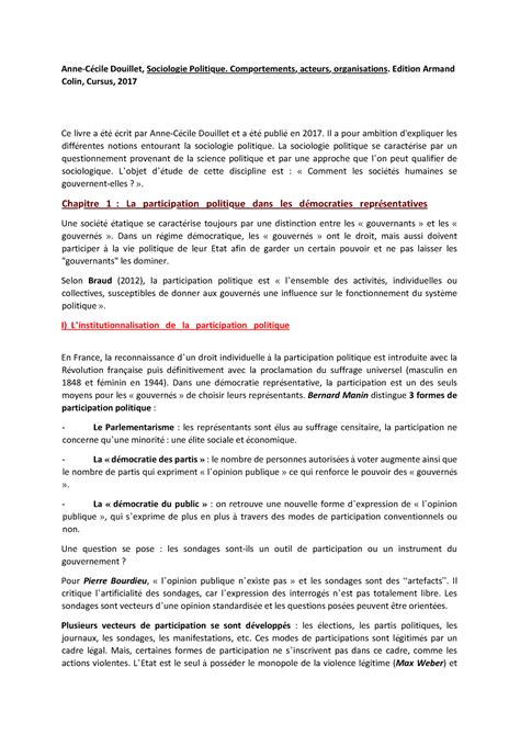 Fiche De Lecture Sociologie Politique Comportements Acteurs