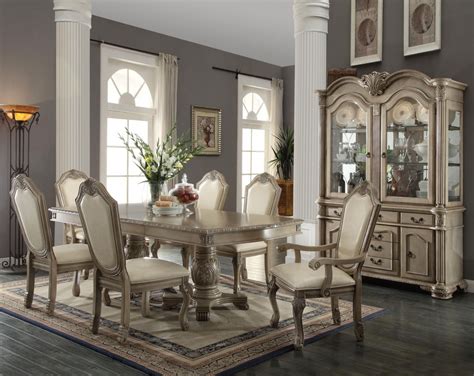 64065 Antique White Finish Dining Set Double Pedestal Table Chateau De