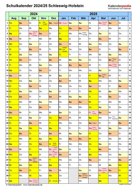 Schulkalender 2024 2025 Schleswig Holstein für Excel
