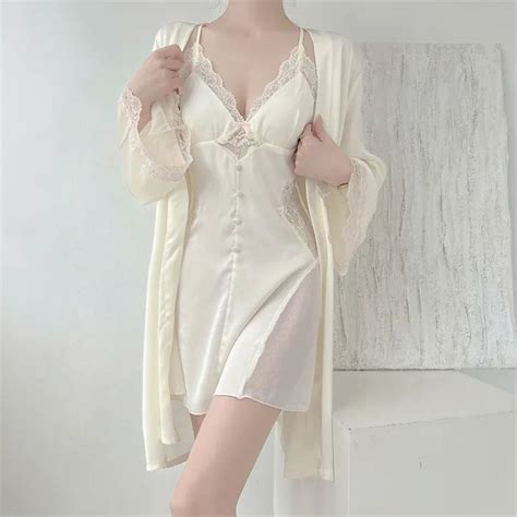 Female Two Pieces Robe Gown Sets Silk Satin Lace Nightgowns En