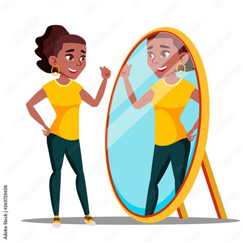 Character Woman Watch Mirror And Admires Vector Narcissistic Girl Speaking With Reflection In