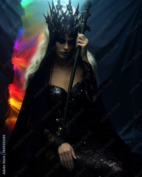 A Mysterious Woman Adorned In A Striking Black Dress And A Crown Of