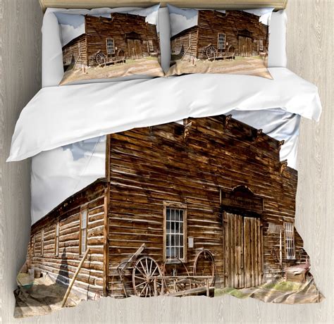 Barn Wood Wagon Wheel Duvet Cover Set Abandoned Mercantile With Wagon