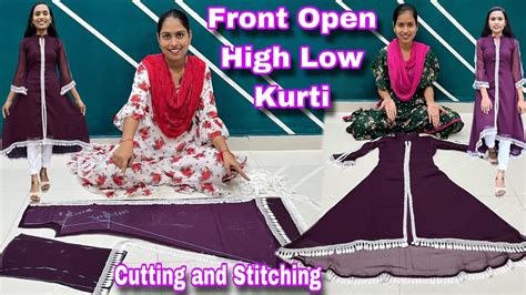 Front Open Up Down A Line Kurti Cutting And Stitching High Low A