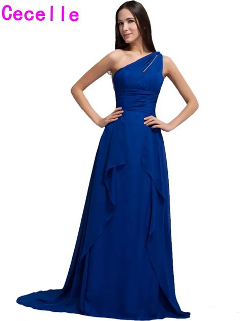 One Shoulder Royal Blue Long Bridesmaids Dresses With Straps Pleats