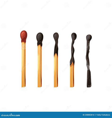 Stages Of Match Burning From Fire To Burnt Stick Cartoon Vector