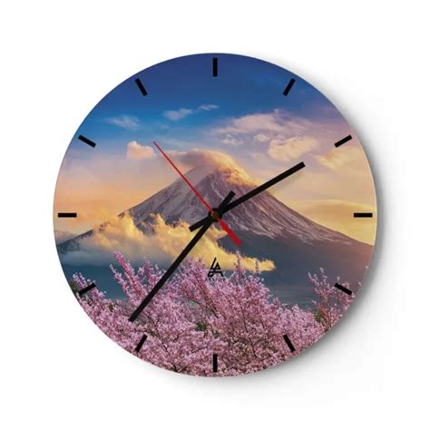 HORLOGE MURALE EN Verre 40x40cm Silencieuse Fuji Fleur Cerise Wall